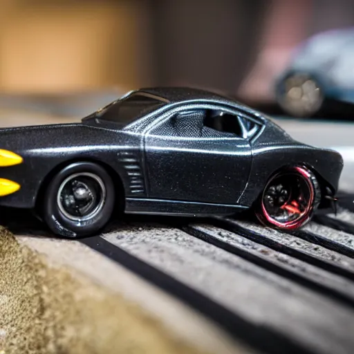Image similar to 5 5 mm photo of metallic black batman car like hot wheels model with a batcave as background