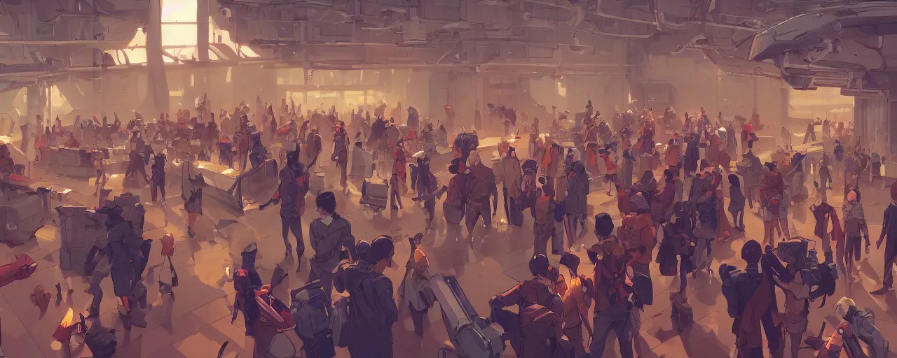 Image similar to inside a crowded dystopian airport behance hd artstation by jesper ejsing, by rhads, makoto shinkai and lois van baarle, ilya kuvshinov, ossdraws, that looks like it is from borderlands and by feng zhu and loish and laurie greasley, victo ngai, andreas rocha