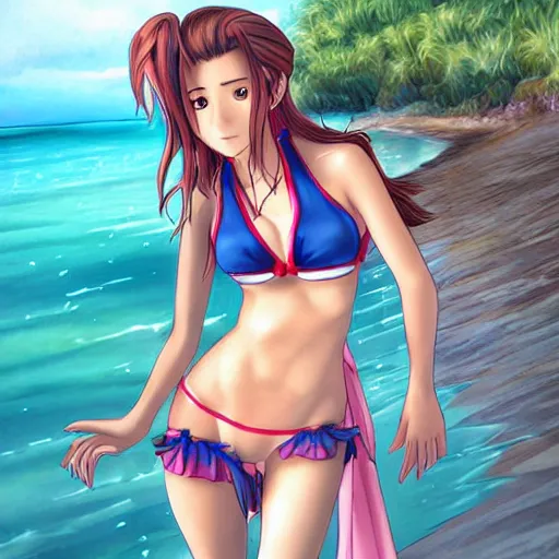 Image similar to beautiful aerith from final fantasy in a bikini on the beach making eye contact drawn by sakimichan