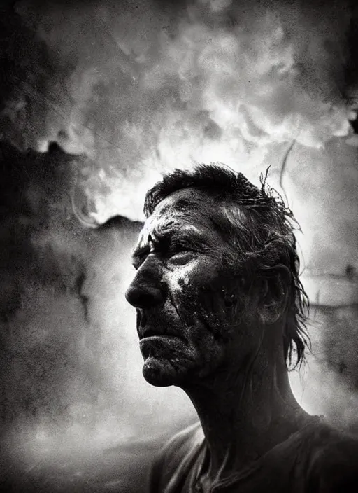 Image similar to The last selfie on earth, hyper realism, devastation, fear, sadness, tears, ominous background, smoke, fire storm, by Lee Jeffries