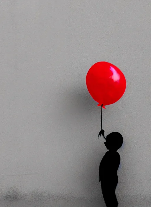 Image similar to a side profile of a black and white boy holding a single red balloon on a white concrete background in the style of Banksy, graffiti, digital art