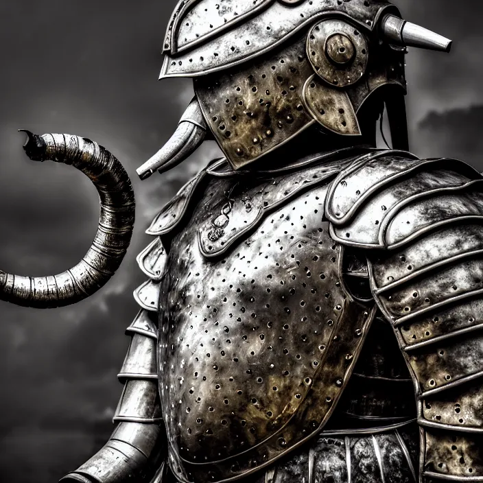 Image similar to photo of a warrior with metal elephant themed armour, highly detailed, 4 k, hdr, smooth, sharp focus, high resolution, award - winning photo