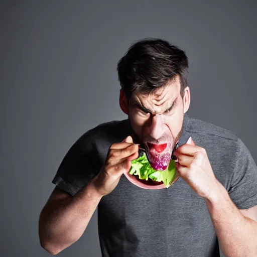 Image similar to man angrily eating salad, studio photography