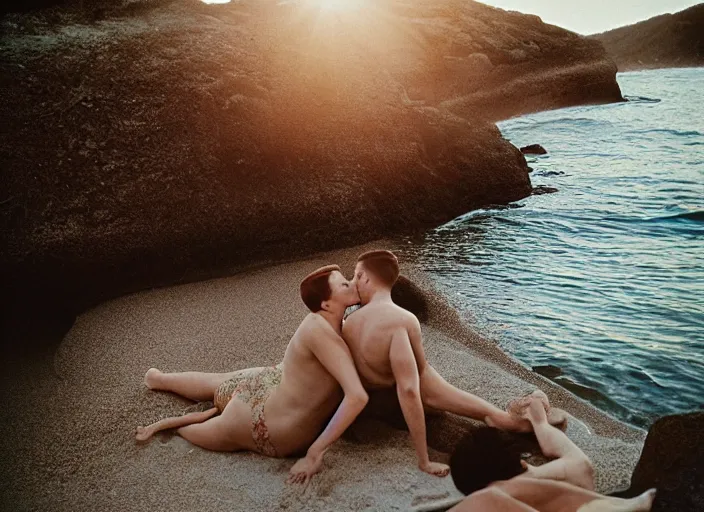 Image similar to A hyper realistic and detailed photography of a couple kissing from movie Here to Eternity, laying on secluded beach. by Cameron Hammond. 1955. Cinematic. Golden Hour. Kodak Portra 400. Lens flare. 35mm lens