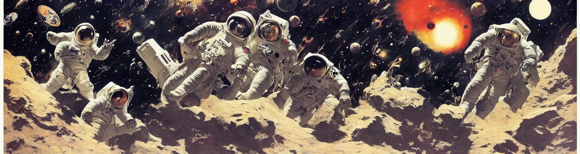 Image similar to astronauts in the space by frank frazetta