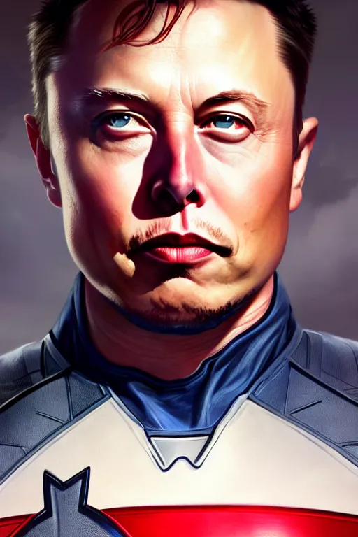 Image similar to elon musk as captain america, portrait, highly detailed, digital painting, artstation, concept art, smooth, sharp focus, illustration, cinematic lighting, art by artgerm and greg rutkowski and alphonse mucha