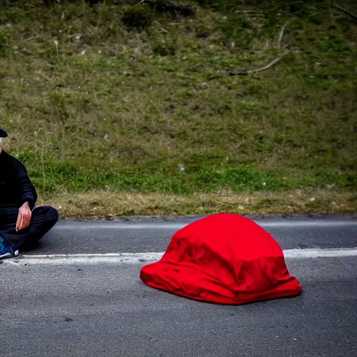 Image similar to a homeless angry man wearing mario's hat pointing the middle finger at the camera, on the side of a road, he is sitting on a sleeping bag.