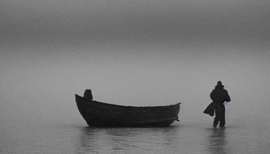 Prompt: movie still by tarkovsky of a man in red drapery in a blood barque on a river next to a neoclassical spherical city in the desert, leica sl 2 5 0 mm, heavy grain, high quality, high detail, foggy, mud