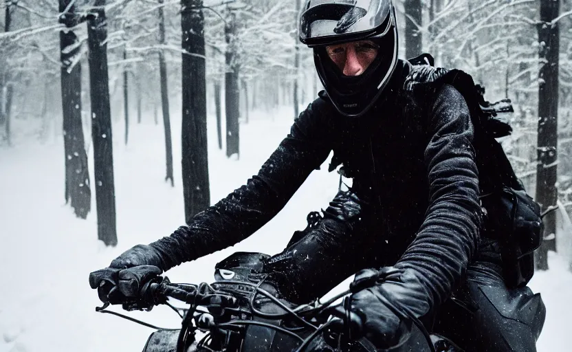 Image similar to cinestill 5 0 d candid photographic portrait by helen levitt of joe biden wearing rugged black mesh techwear riding on a dirtbike through a deep forest, extreme closeup, modern cyberpunk moody emotional cinematic, snow storm, 8 k, hd, high resolution, 3 5 mm, f / 3 2, ultra realistic faces, ex machina