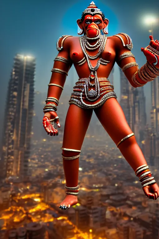 Image similar to high quality 3 d render cyborg hanuman! madhubani, highly detailed, cyberpunk!! mumbai in the background, unreal engine cinematic smooth, szukalski ravi varma, moody light, low angle, uhd 8 k, sharp focus