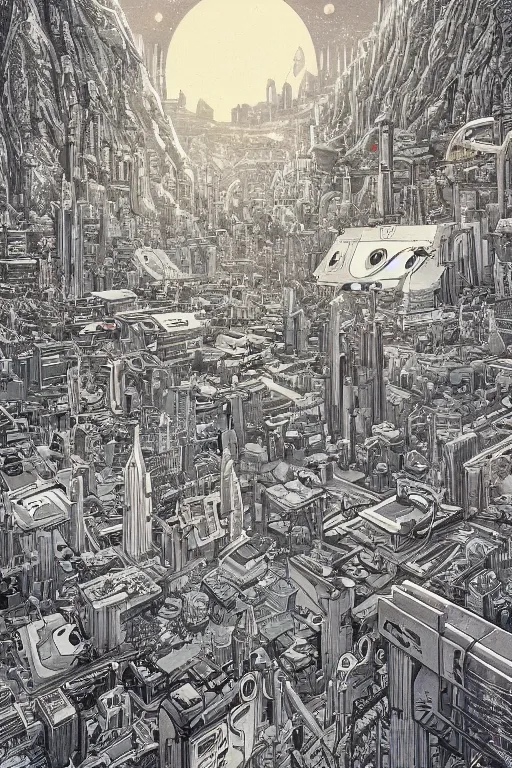 Image similar to gold and silver tones, cybernetic village on the outskirts of the universe, style of moebius, james jean, mcbess, cinematic, low detail, award winning, 8 k photorealistic