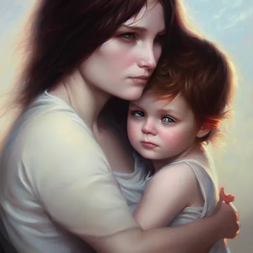 Prompt: pure love is patient love is kind, mother and child ; photorealistic oil painting by charlie bowater and mark brooks ; highly detailed cute faces by wlop ; trending on artstation