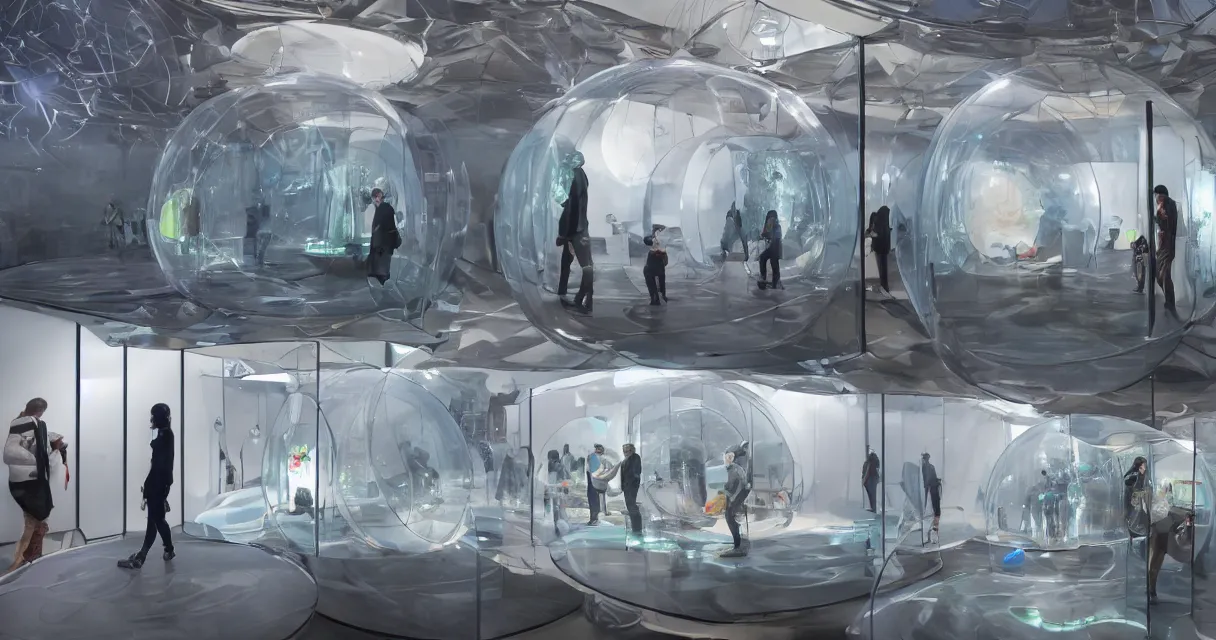 Prompt: futuristic exhibition full of glass cases with mini diorama exhibits encased in epoxy resin spheres, curious people observing the details, very high details, volumetric fog, raytracing, back light, raymarching, by ilm, by digital domain, by weta digital