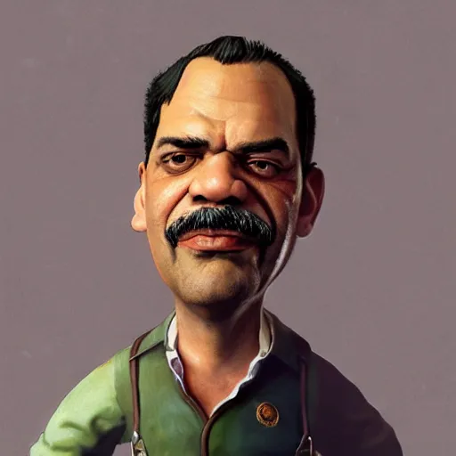 Image similar to beautifully rendered, masterpiece, caricature, claymation, luis guzman as luigi, painted by tom lovell, wlop, artgerm, dishonored 2,