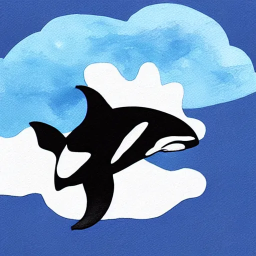 Image similar to “An orca jumping out of a sea of clouds” as digital art, watercolor, and pixel ar