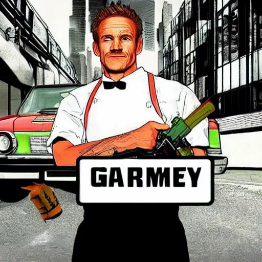 Image similar to Gordan Ramsey in the style of GTA cover art detailed