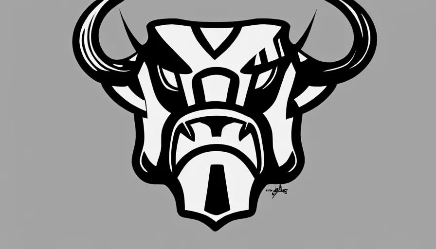 Prompt: sketch!!! of a stylized angry bull head, symbol, sports logo!!!, black and white, behance, dribble