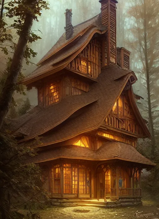 Image similar to wooden house in a wood musically gifted intricate, elegant, highly detailed, digital painting, artstation, concept art, smooth, sharp focus, illustration, art by artgerm and greg rutkowski and alphonse mucha