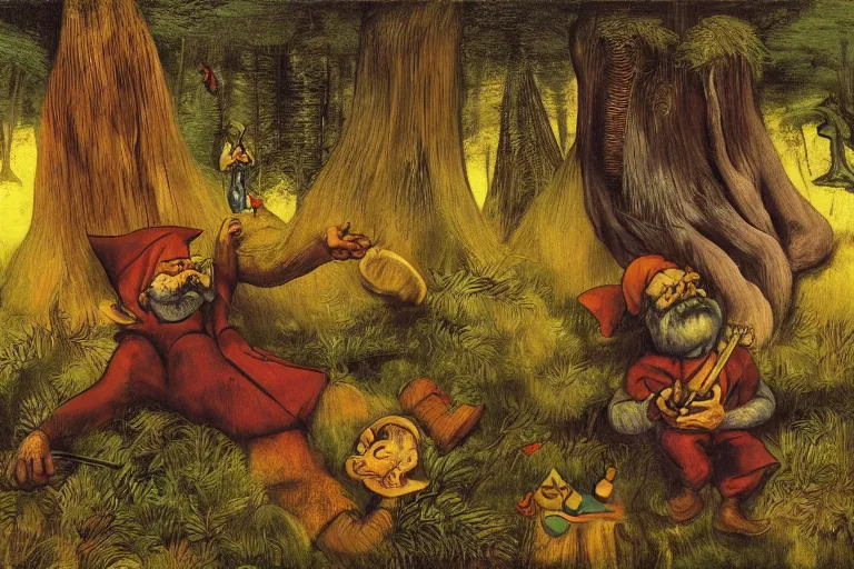 Prompt: two gnomes playing chest in a forest, bold colours, atmospheric, surrealist, golden hour, highly detailed, dramatic lighting, moody, by dali and moebius and picasso and corben and giorgio de chirico and el greco and munch