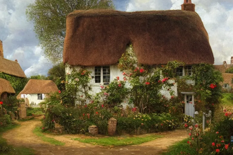 Prompt: A quaint cottage in an English village, merry england, oil on canvas, 4k, detailed, in the style of Richard Doyle