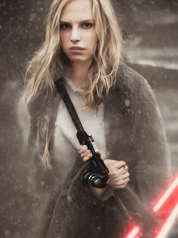 Image similar to cute model annie leonhart holding a lightsaber, beautiful face, detailed face, realistic eyes, cinematic lighting, rainy weather, melancholy atmosphere, volumetric light, realistic reflections, model agency, instagram photo, shot on sony a 7 iii, beauty filter, postprocessing