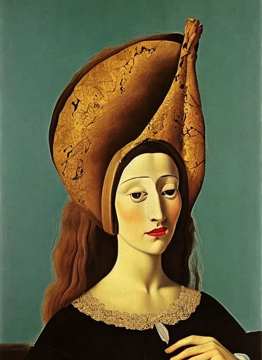 Image similar to portrait of young woman in renaissance dress and renaissance headdress, art by salvador dali