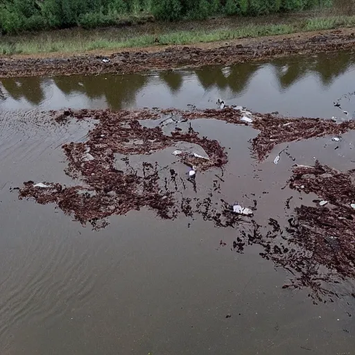 Prompt: odra river filled with blood and bodies of dead fauna in decay, high quality, informative press report photo 1 / 8 f