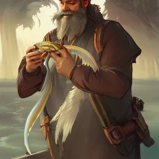 Prompt: wow! fanart bearded and bald man with a fish in his hand, d & d, high fantasy, detailed, digital art, artstation, smooth, sharp focus, art by artgerm, greg rutkowski, alphonse mucha