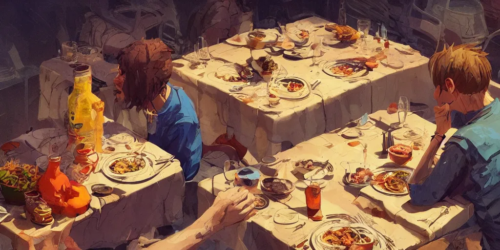 Image similar to cartoonish neil young eating dinner, vivid colors, character sheet, fine details, concept design, contrast, kim jung gi, greg rutkowski, trending on artstation, 8 k, full body, turnaround, front view, back view, ultra wide angle