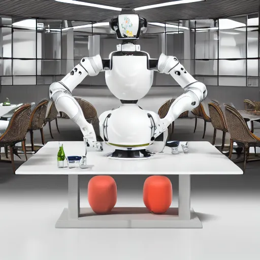 Image similar to three large white glossy kuka industrial robot arms on the floor around a dinner table, the robot arms are wearing bow ties, they are having dinner inside a fine dining restaurant with mid century modern furniture and decor, global illumination, artstation, fantasy