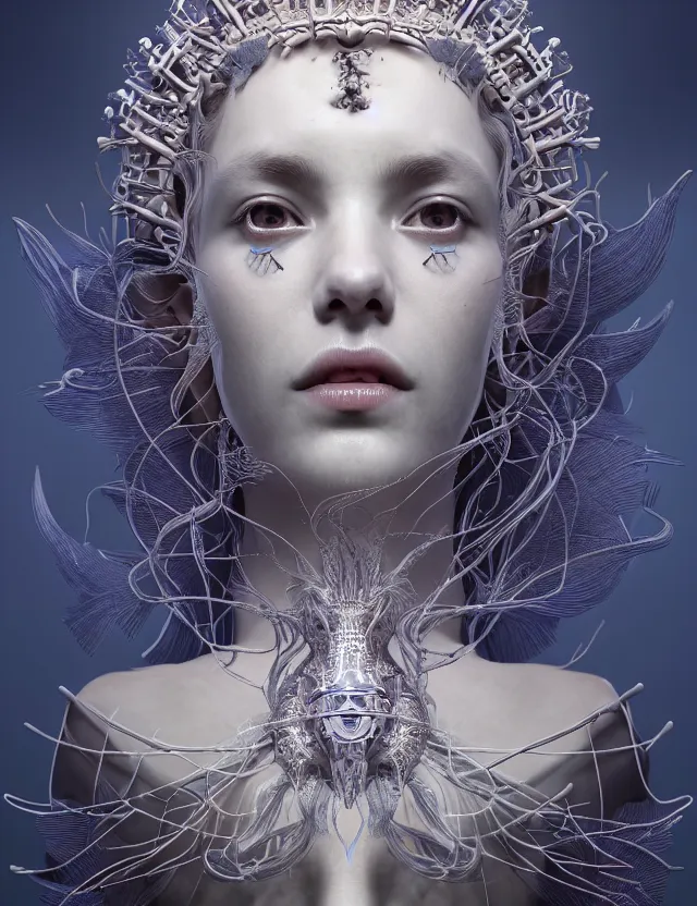 Image similar to symmetrical, centered, goddess close-up portrait wigh crown made of skulls. betta fish, phoenix, bioluminiscent creature, intricate artwork by Tooth Wu and wlop and beeple. octane render, trending on artstation, greg rutkowski very coherent symmetrical artwork. cinematic, hyper realism, high detail, octane render, 8k