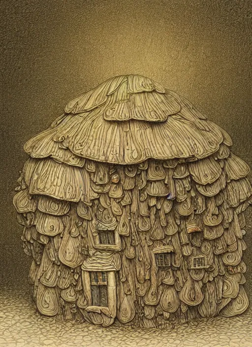 Prompt: a hybrid between a mushroom and a house,, insanely detailed, studio light, gustav dore, colored pencil