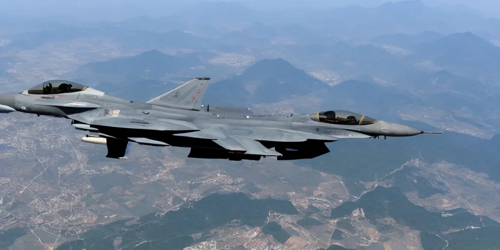 Prompt: Flying an F-16 in full afterburner over Korea, realistic, hyper-detailed, dramatic lighting, cinematic, 8k