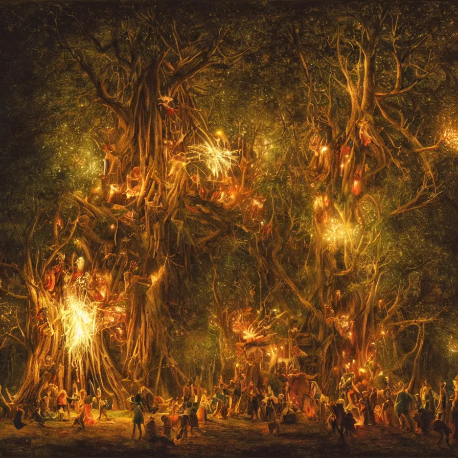 Image similar to closeup of a night carnival inside a tree cavity in a magical forest in the middle of a summer storm, with a music scenario with many fireworks and christmas lights, volumetric lightning, instense god rays in the sky, folklore people disguised with fantastic creatures in a magical forest by summer night, masterpiece painted by walter langley, scene by dark night environment, refraction lights,