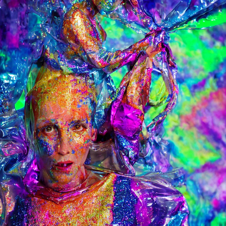 Image similar to octane render portrait by wayne barlow and carlo crivelli and glenn fabry, a woman wearing a clear plastic suit full of colorful thick fluid full of glitter, standing in front of a giant sheet of tie - dye aluminum foil, cinema 4 d, ray traced lighting, very short depth of field, bokeh