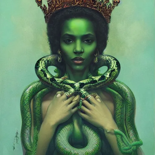 Image similar to portrait of a queen with a crown of snakes, desi dark skin, kneeling, dramatic lighting, blue and green, by Anato Finnstark, Tom Bagshaw, Brom