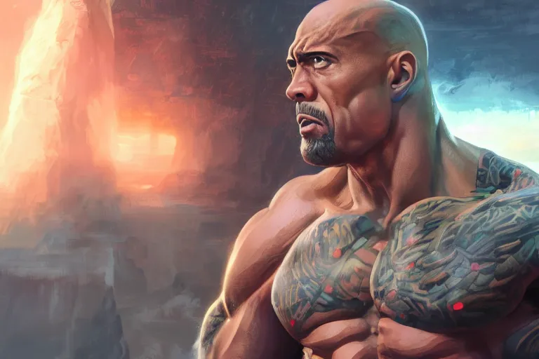 Image similar to the rock wwe, single subject, scenic full shot, ambient lighting, detailed face, by makoto shinkai, stanley artgerm lau, wlop, rossdraws