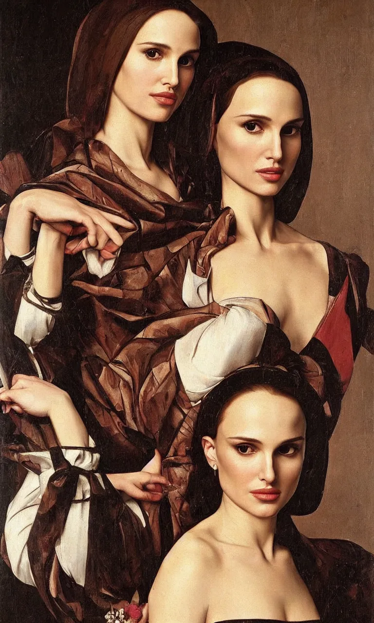 Image similar to a portrait of a Natalie Portman , beautiful clothes, oil painting in a renaissance style , very detailed, painted by Caravaggio.