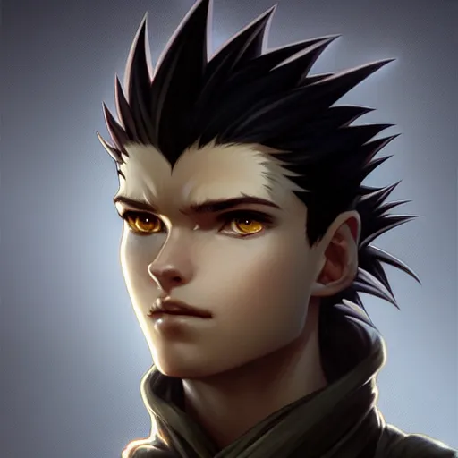 Prompt: portrait of gon freecs hunter hunter, male, sharp jaw black irises narrow sultry eyes black hair soft hair swept back smirk dark medium length hair, anime, fantasy, intricate, elegant, highly detailed, digital painting, artstation, concept art, matte, sharp focus, illustration, art by artgerm and greg rutkowski and alphonse mucha