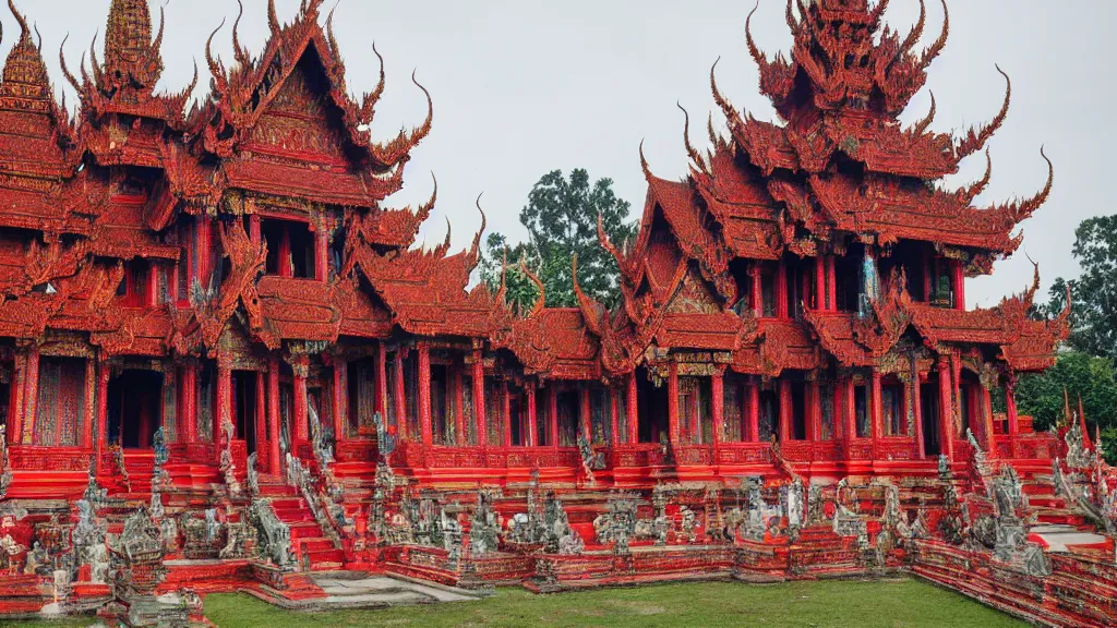 Prompt: a beautiful ancient godly temple of Wat Rong Khun, red and teal color scheme, detailed and realistic, by dan mumford