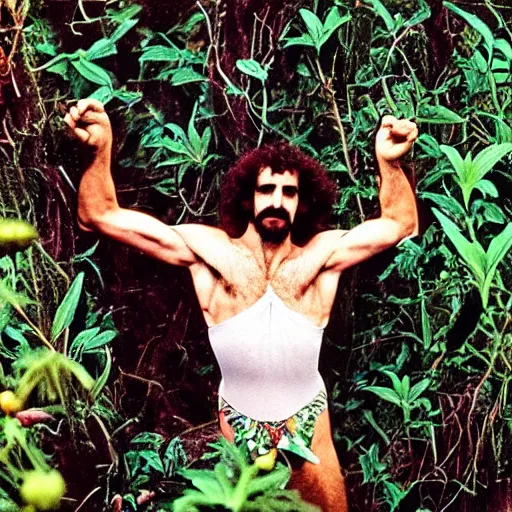 Image similar to young Frank Zappa as a forest druid wearing a floral leotard frolicking in the hooded forest of verdant turmeric roots, masculine, HSV