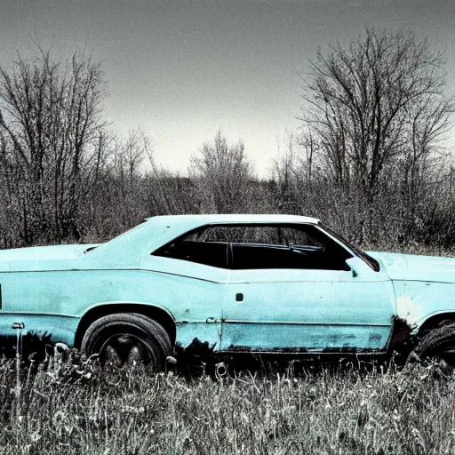 Prompt: A photograph of a beater beater beater beater beater beater beater beater abandoned abandoned abandoned abandoned abandoned abandoned 1976 Powder Blue Dodge Aspen in a farm field, photograph taken in 1989