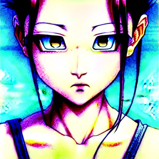 Prompt: portrait girl insane illustrated stanley lau akira toriyama range murata detailed amazing super ornate intricate film soft shadowing color pencil anime art cool lifelike realistic glass polished face eyes nose hair