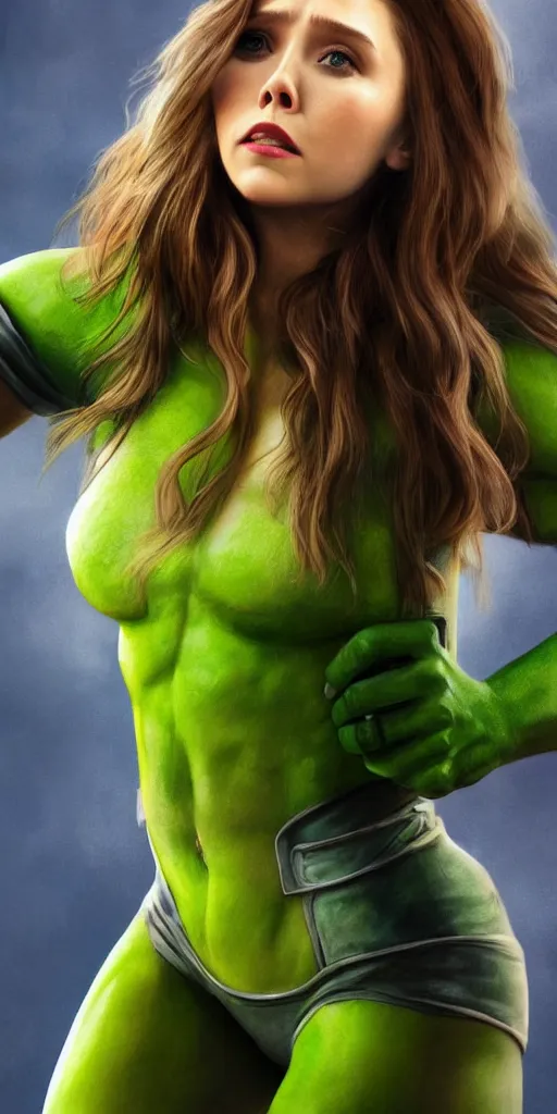 Prompt: Photorealistic art of Elizabeth Olsen as shehulk, full body, action shot, high definition, cinematic, realistic