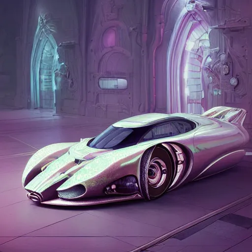 Image similar to cyborg cyber vintage supercar slick, pastel tones : by michal karcz, daniel merriam, victo ngai and guillermo del toro : ornate, dynamic, particulate, intricate, elegant, highly detailed, centered, artstation, smooth, sharp focus, octane render