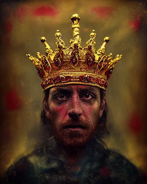 Image similar to 'Portrait of Crowned King Arthur' by Lee Jeffries royally decorated, whirling plasma, atmospheric motes, red and gold Sumptuous garb, gilt silk fabric, radiant colors, fantasy, perfect lighting, studio lit, micro details,