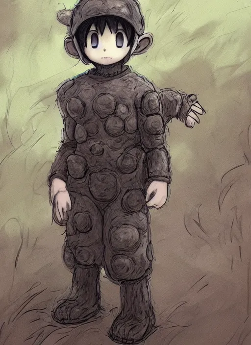 Image similar to beautiful little boy wearing an cyborg bear suit, artwork in kentaro miura and made in abyss and rosdraws, smooth, beautiful lightness, anatomically correct, trending on pixiv, forest