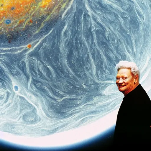 Prompt: yeltsin in outer space, behind him is a planet, space art in color