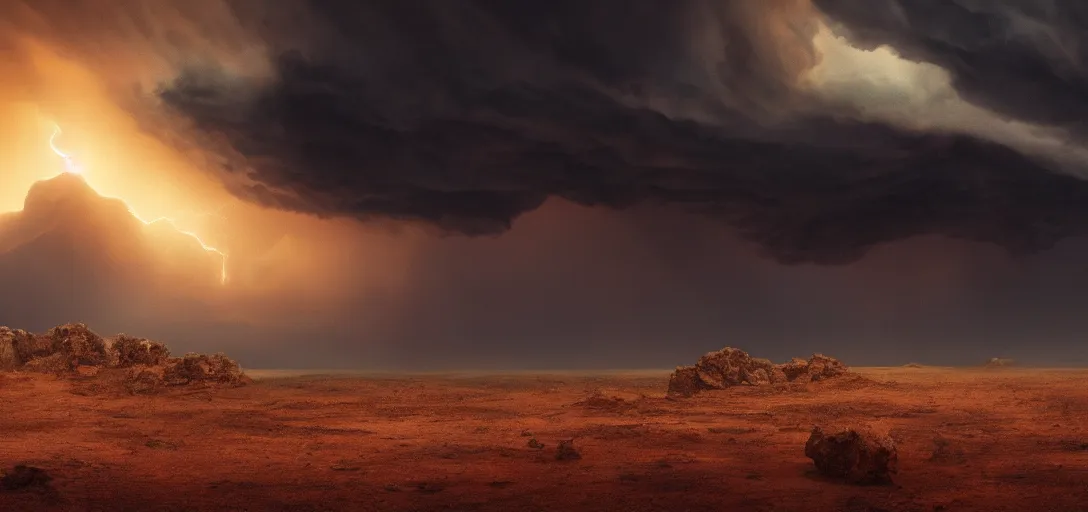 Prompt: a beautiful picture of a dark distant thundercloud lit from below in a desert, intricate detail, impending doom, sunset, serene, volumetric lighting, volumetric clouds, 8 k, hyperrealistic, digital art trending on artstation