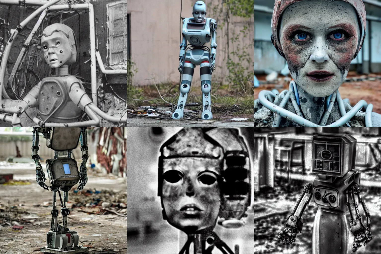 Prompt: zoom-lens photo of a decrepit robot girl in chernobyl